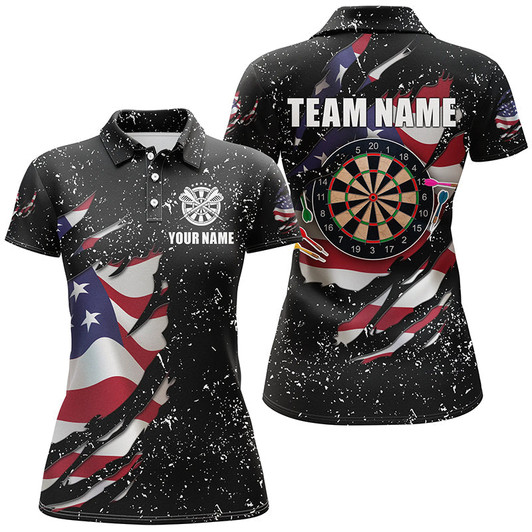 Custom Grunge US Flag Dartboard Polo & Quarter-Zip Shirts For Women Custom Patriotic Darts Jerseys Attire