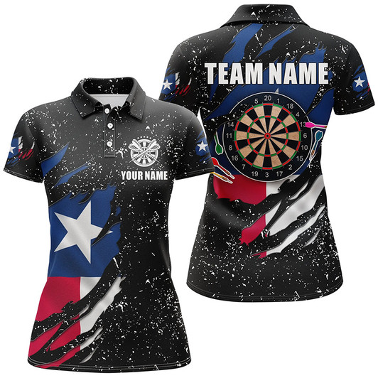 Custom Grunge Texas Flag Dartboard Polo & Quarter-Zip Shirts For Women Custom Patriotic Darts Jerseys Attire
