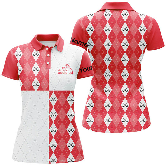 Custom Golf Addicted Womens Golf Polo Shirts Custom Name Red And White Golf Ball Clubs Argyle Plaid Pattern