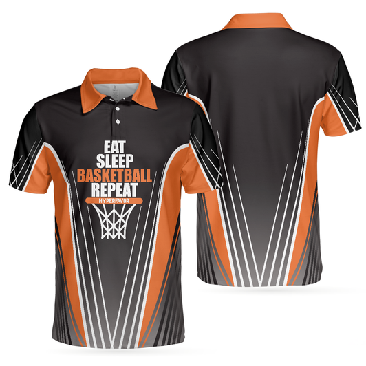 Basketball Players Eat Sleep Basketball Repeat Men Polo Shirt, Black And Orange Basketball Shirt For Basketball Fans, Gift For Basketball Lovers