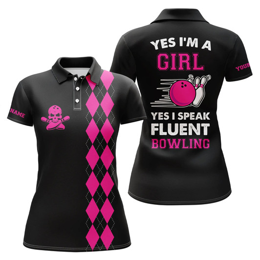 Custom Pink Argyle Plaid Custom Bowling Polo Shirt For Women, Yes I'm A Girl Yes I Speak Fluent Bowling