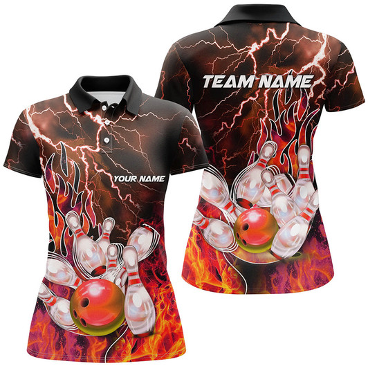 Custom Women Bowling Polo, 1/4 Zip Shirt Custom orange lightning thunder Bowling Team Jersey, gift for Bowler