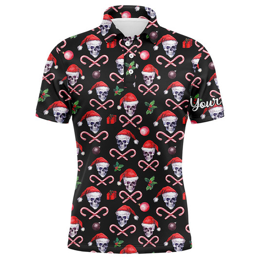 Custom Golf Men Polo Shirt - Funny Black Christmas Skull Pattern Custom Name Apparel - Personalized Gift For Golf Lover, Team