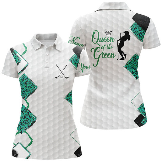 Custom Womens Golf Polo Shirt Queen Of The Green Custom Funny White Golf Ball Skin Green Leopard Golf Shirt