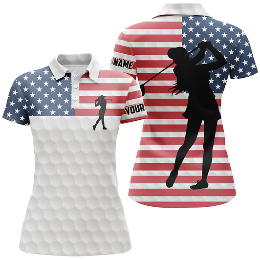Custom Women Golf Polo Shirt American Flag Custom White Golf Ball Skin Patriot Golf Gifts For Women