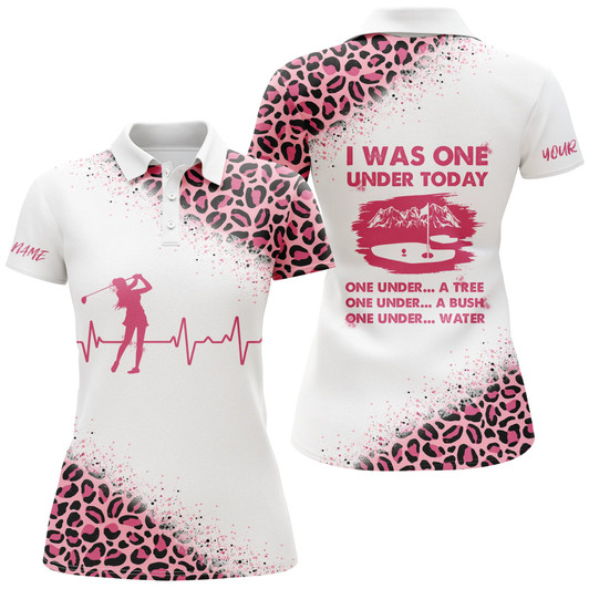 Custom Funny Golf Shirts For Women I Was One Under Today Custom Name Pink Leopard White Women Polo Shirts