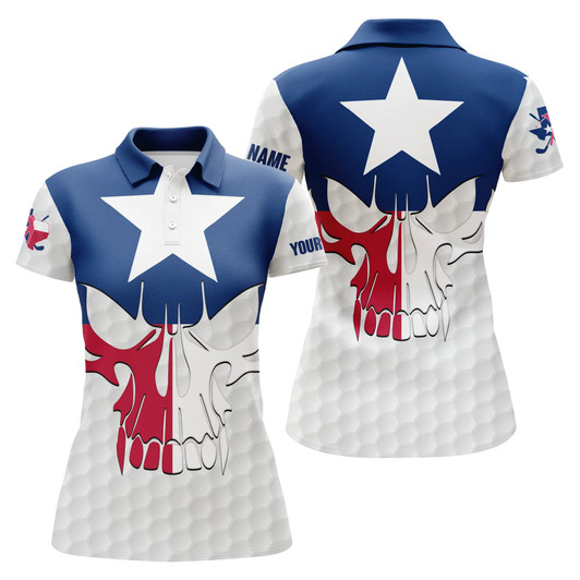 Custom Womens Golf Polo Shirts Texas Flag Patriotic Custom Skull Golf Ball Shirts For Women, Ladies Golf Top