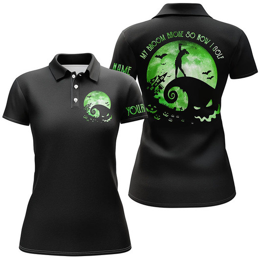 Custom Funny Black Green Moon Halloween Golf Shirt Custom Women Golf Polo Shirt My Broom Broke So Now I Golf