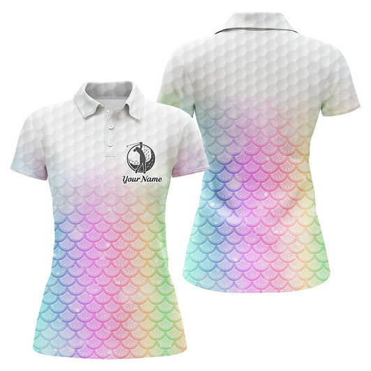 Custom Womens Golf Polo Shirt Pastel Rainbow Mermaid Scales Custom Name Pattern Golf Shirts, Ladies Golf Tops