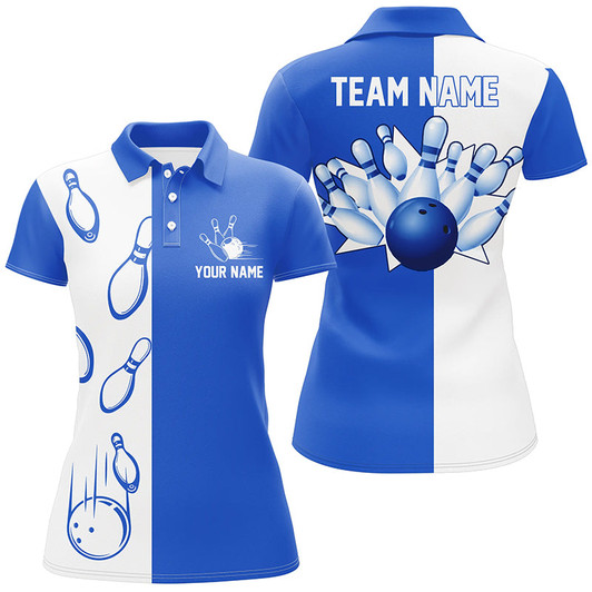 Custom Blue And White Retro Vintage Bowling Polo Shirts For Women Custom Bowling Team Jerseys