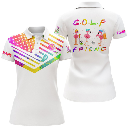 Custom Funny Women Golf Polo Shirt Watercolor American Flag Flamingo Golf Friend Custom Name White Golf Shirt