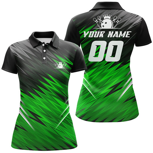 Custom Green And Black Womens Short Sleeve Polo Shirts Custom Bowling Shirts For Women, Team Bowling Jerseys