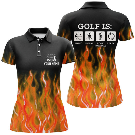 Custom Womens Orange Flame Golf Polo Shirts, Personalized Fire Golf Shirts For Women, Best Golfing Gifts