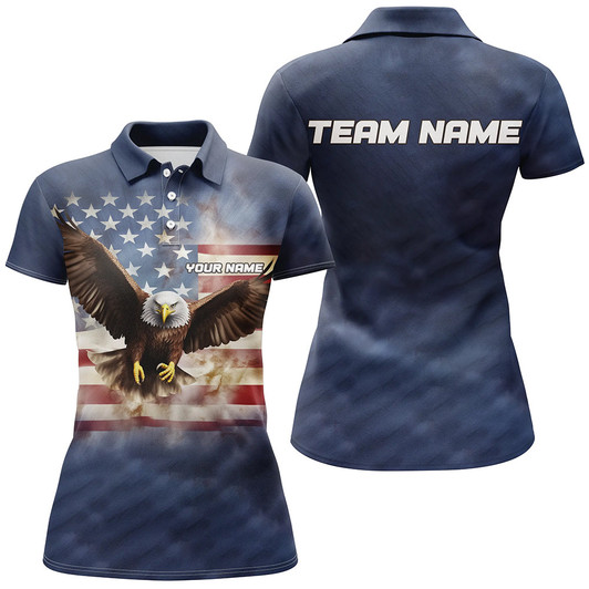 Custom Eagle American Flag Custom Womens Bowling Polo Shirts, Patriotic Bowling Team Jerseys