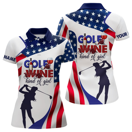 Custom American Flag Womens Golf Polo Shirt Golf Wine Kind Of Girl Golf Shirts For Women Patriotic Golf Gift