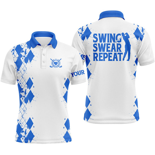 Custom Golf Men Polo Shirt - Argyle Pattern Custom Name Multicolor Apparel - Personalized Gift For Golf Lover, Team, Golfer, Husband - Swing Swear Repeat