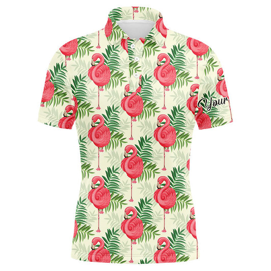 Custom Golf Men Polo Shirt - Custom Name Pink Flamingo Green Tropical Leaf Pattern Apparel - Personalized Gift For Golf Lover, Team, Husband, Boyfriend
