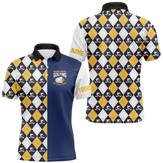 Custom Weekend forecast golfing with a chance of drinking Men golf polo shirts Custom argyle beer Golf Shirt