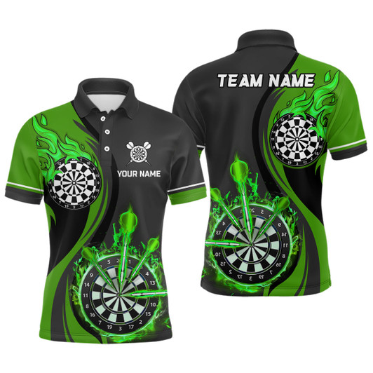 Custom Green Fire Flame Mens Darts Polo Shirt Custom Dart Shirts For Men Dart Jerseys