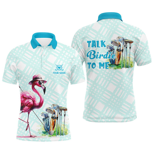 Custom Mens golf polo shirts custom pink flamingo blue pattern golf shirts talk birdie to me