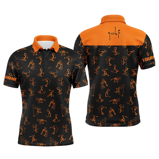 Custom Men golf polo upf shirts custom name funny golf pattern, black orange polo shirt golf outfit men