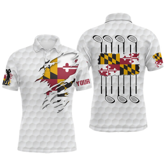 Custom Maryland Flag Golf Pattern White Mens Polo Shirt Custom Golf Shirts For Men Patriotic Golf Gifts
