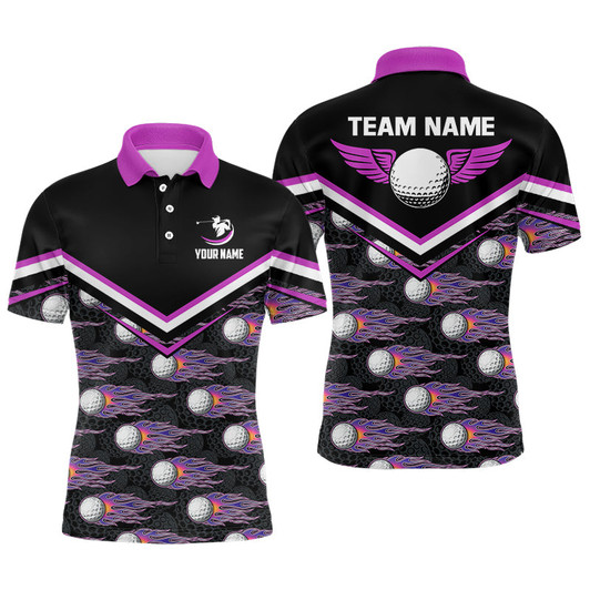 Custom Fire Golf Ball Flames Mens Golf Polo Shirts, Personalized Pink Golf Shirts For Men, Golfing Gifts