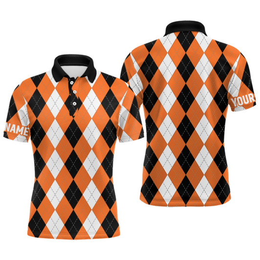 Custom Mens golf polo shirt custom orange argyle plaid pattern golf attire for men