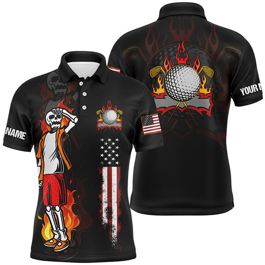 Custom Mens Fire Skull Golf Polo Shirt, American Flag Golf Shirts For Men Crazy Skull Golf Shirt, Golf Gifts