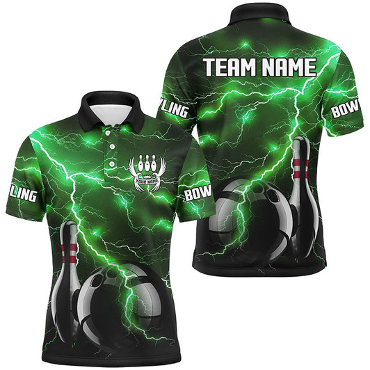 Custom Green Lightning Thunder Black Bowling Polo, Quarter zip Shirt for men custom storm bowling team jersey