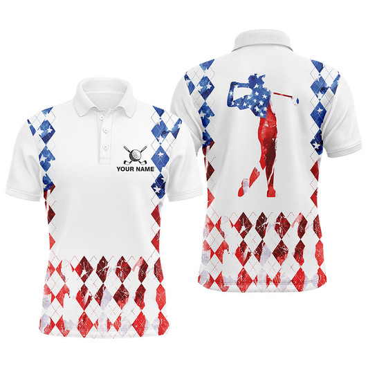 Custom Red white, blue American flag argyle pattern Men golf polo shirts custom patriotic golf top for men