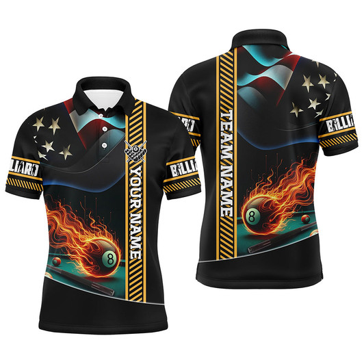 Personalized American Flag Flaming 8 Ball Pool Men Polo Shirts, Patriotic Billiard Attire Jerseys