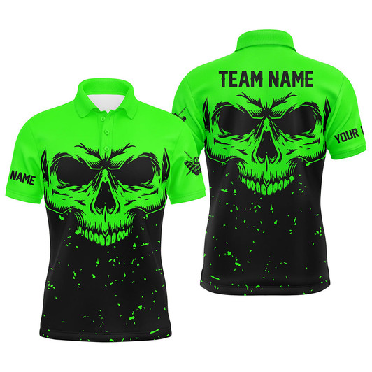 Custom Grunge Black Green Skull Billiard Men Polo Shirts, 8 Ball Billiards Apparel Clothing