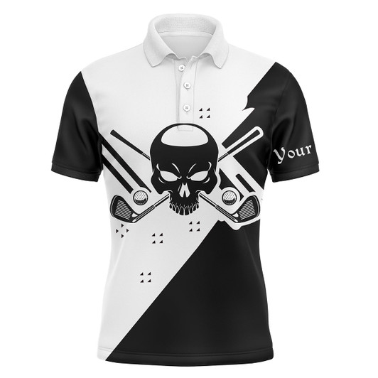 Custom Golf Custom Name Men Polo Shirt - Skull Black & White Apparel - Personalized Best Gift For Golf Lover, Team, Golfer