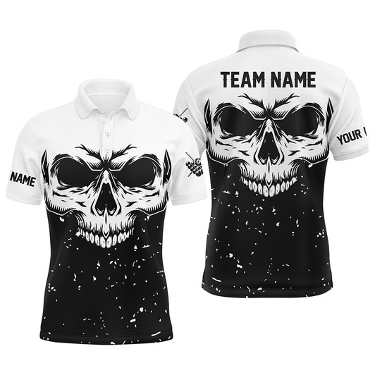 Custom Grunge Black White Skull Billiard Men Polo Shirts, 8 Ball Billiards Apparel Clothing