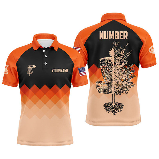 Custom Orange Geometric Pattern Mens Disc Golf Polo Shirt Customized Disc Golf Shirts For Men