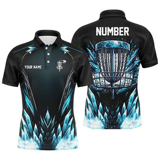 Custom Icy blue Mens Disc golf polo shirts custom black disc golf basket jerseys, frisbee golf shirts