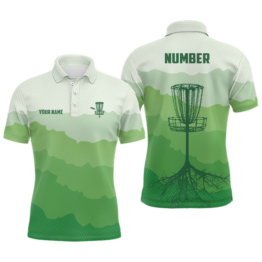 Custom Green Sunset Customized Mens Disc Golf Polo Shirt Number Disc Golf Tops For Men Disc Golf Basket