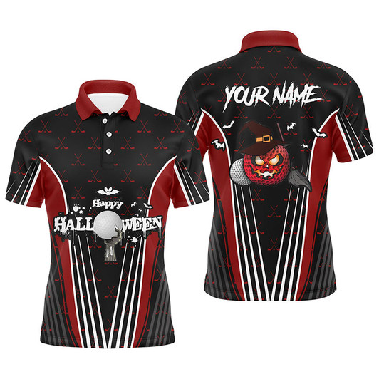 Custom Happy Halloween Mens Golf Polo Shirts Custom Red Black Golf Shirts For Men, Crazy Golf Gifts