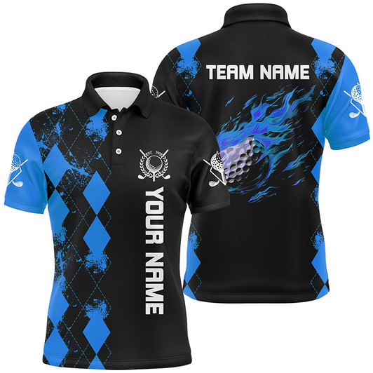 Custom Black Mens golf polo shirts custom blue argyle pattern flame golf ball golf tops for mens
