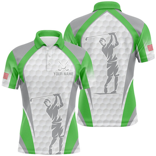 Custom White And Green Mens Golf Polo Shirts Custom Name Team Men Golf Tops, Best Golf Outfit