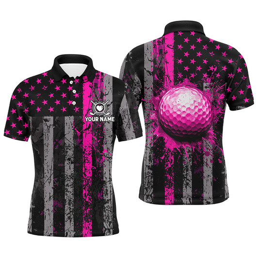 Custom Pink Grunge American Flag Mens Golf Polo Shirts Custom Patriotic Golf Shirts, Golf Gifts For Men