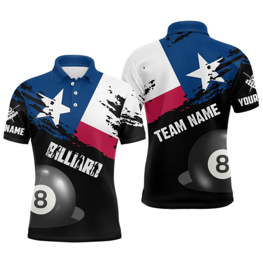 Personalized Texas Flag Billiard Games Men Polo Shirts, Patriotic Billiard Texas Sports Shirts