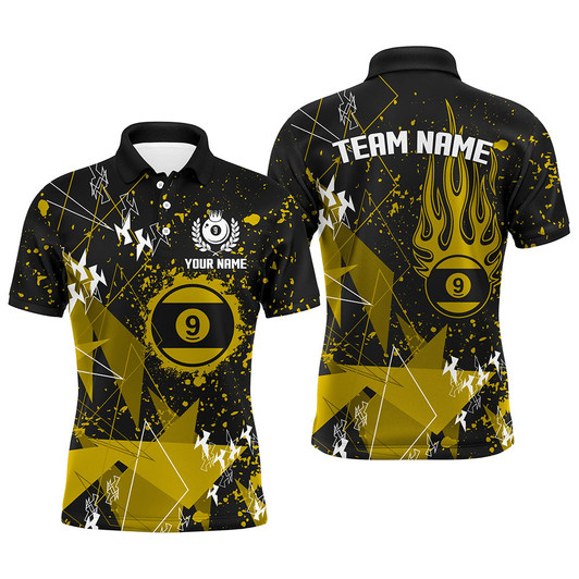 Personalized Yellow Grunge 9 Ball Billiard Men Polo Shirts, Custom Billiard Jersey For Pool Player