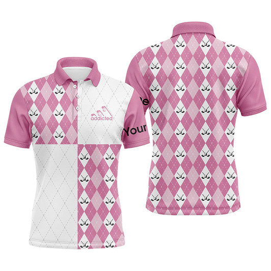 Custom Golf Men Polo Shirt - Pink White Golf Ball Clubs Pattern Custom Name Apparel - Personalized Gift For Golf Lover, Team, Golfer - Addicted