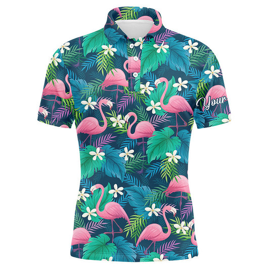 Custom Golf Men Polo Shirt - Custom Name Colorful Flamingo Green Tropical Leaf Pattern Apparel - Personalized Gift For Golf Lover, Team, Husband, Boyfriend
