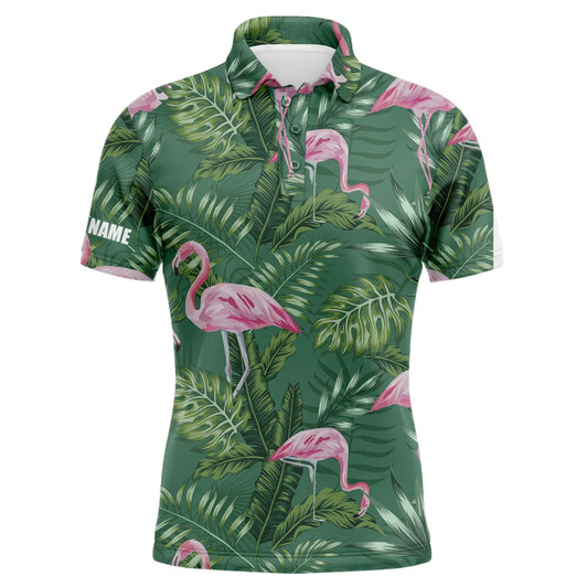 Custom Golf Men Polo Shirt - Green Tropical Plants Monstera Flamingo Custom Name Apparel - Personalized Gift For Golf Lover, Team, Husband, Boyfriend, Dad