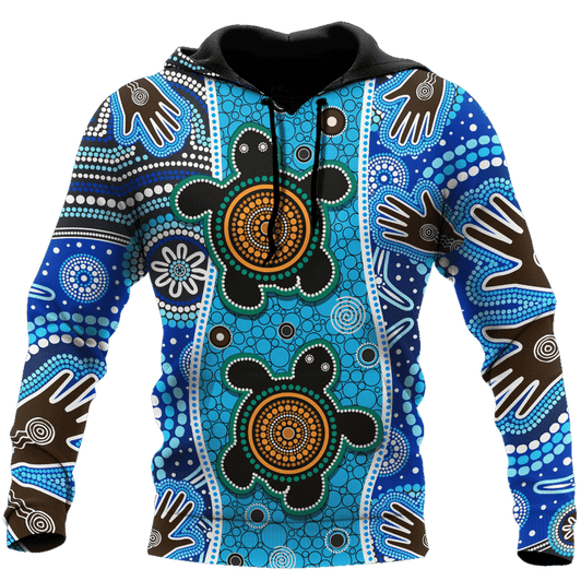 FUNSTUFFPRINT Aboriginal Indigenous Turtle Blue Hand Dot Naidoc Week Unisex  3D Baseball Jacket Hoodie and Zip Hoodie