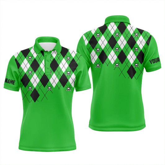Custom Golf Men Polo Shirt - Custom Name Green Argyle Plaid Golf Skull Pattern Apparel - Personalized Gift For Golf Lover, Team, Husband, Boyfriend