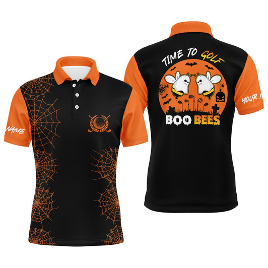 Custom Funny Black Orange Halloween Custom Name Golf Men Polo Shirt - Personalized Gift For Golf Lover, Team, Golfer - Time To Golf Boo Bees